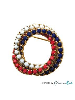 Vintage Patriotic Intertwined Circles Red White & Blue Rhinestone Brooch